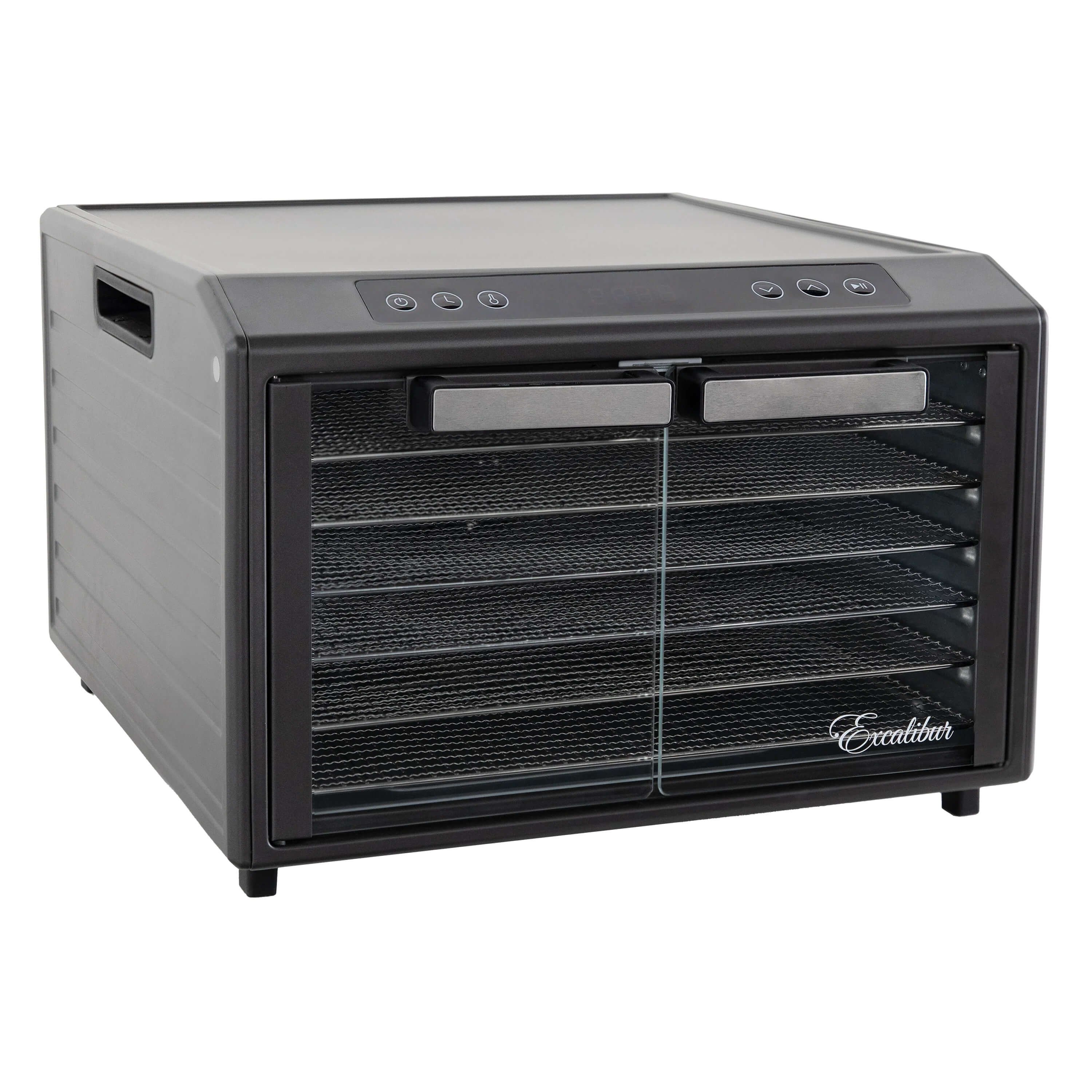 Excalibur 4926TCD 9 tray dehydrator with clear door propped to the side, and tryas pulled out.